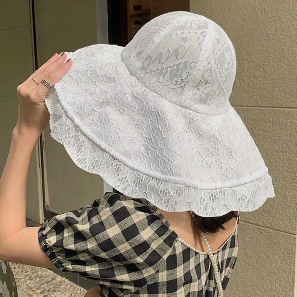 Women Hat Solid Color Breathable Sweet Style White Durable Lace Royal Big Brim Anti-UV Sun Hat Women Headwear Beach Bucekt Hat