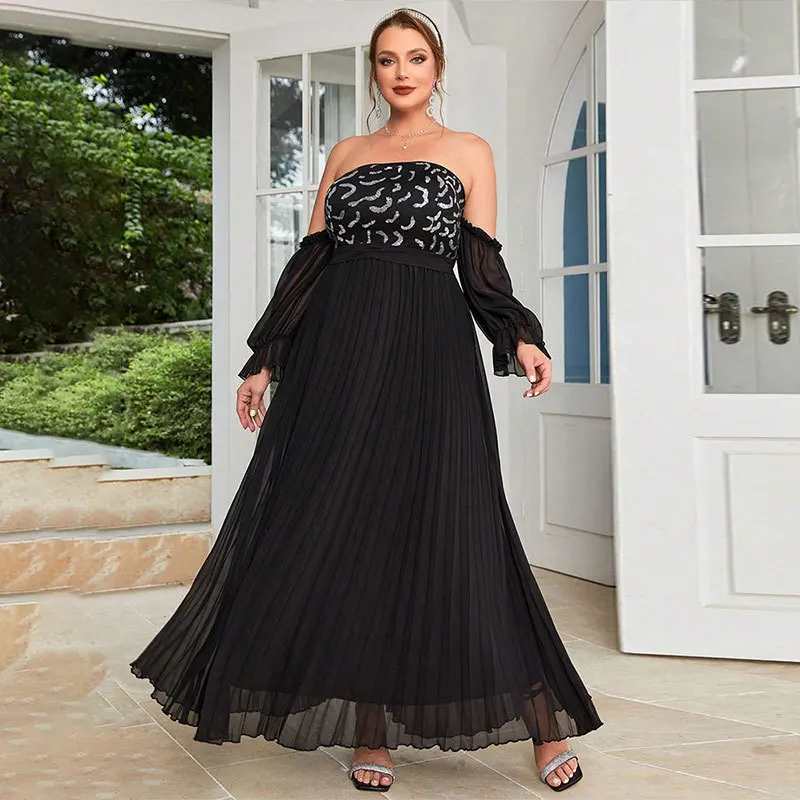 

Sexy One Line Neckline Pearl Embroidered Dresses Women's 2024 New Strapless Pleated A-Line Long Dress Elegant Banquet Clothing