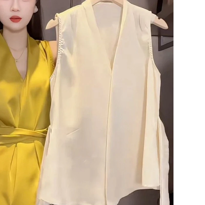 Temperament V Neck Solid Simplicity Bandage Blouse Summer Thin Sleeveless Elegant Loose Shirt Tops Office Fashion Women Clothing