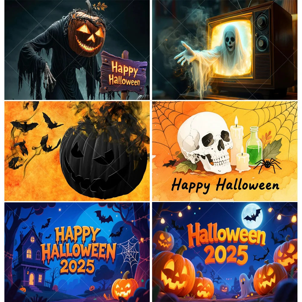

Halloween Party Decoration Photos Horror Night Castle Cemetery Skeleton Spider Web Pumpkin Lantern Flying Witch Bat Backdrop