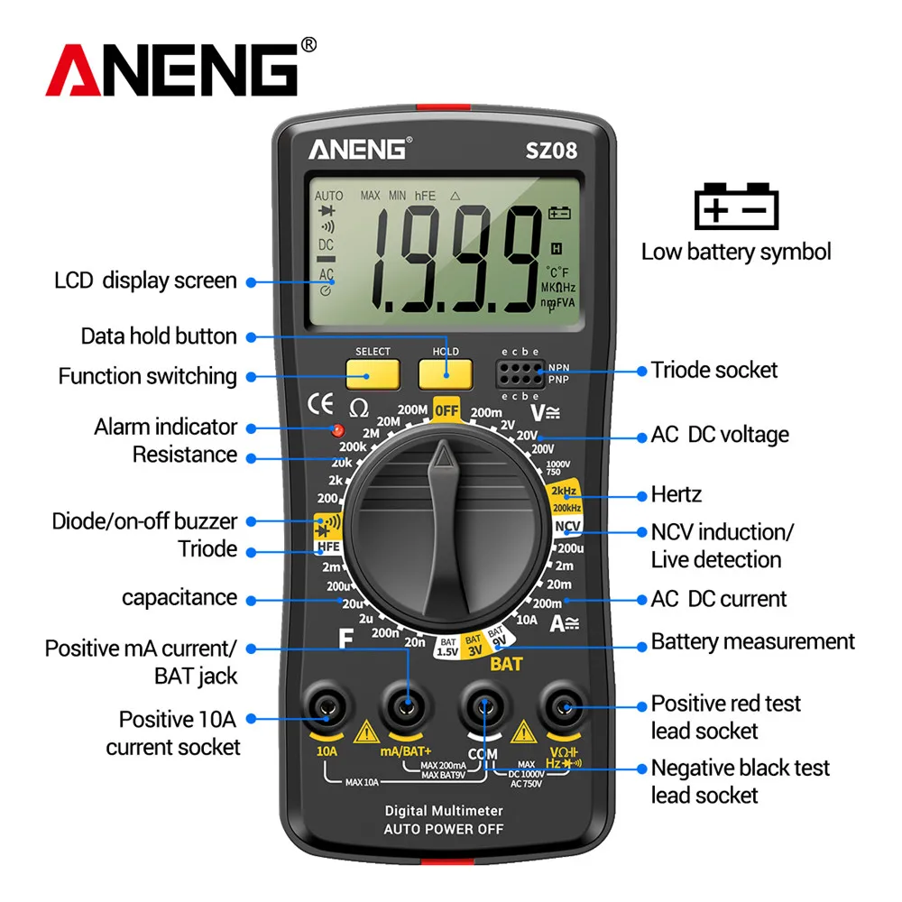 ANENG SZ08 Digital Multimeter Ultra-thin storage Professional Multimetro Auto Voltmeter AC DC 220V Resistance Handhold Testers