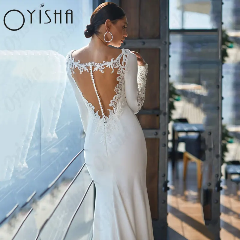 OYISHA Scoop Lange Mouwen Trouwjurken Elegant Satijn Zeemeermin Kanten Bruidsjurken Voor Vrouw Appliques Eenvoudige Vestido De MariagesOYISHA Scoop Lange Mouwen Bruidsjurken Elegante Satijn Zeemeermin Kant Bruidsjurken