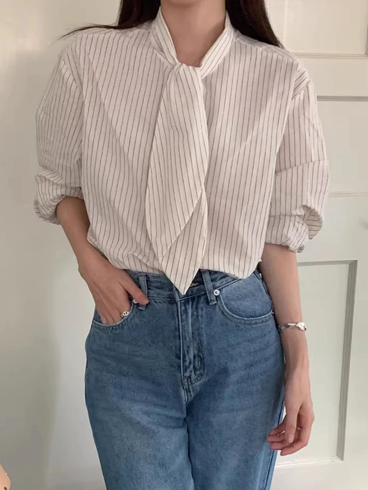 Ele Spring Stripe irt Women's Loose Long Sve  Knot Design Single Button Chic Korean Sle Office Commute