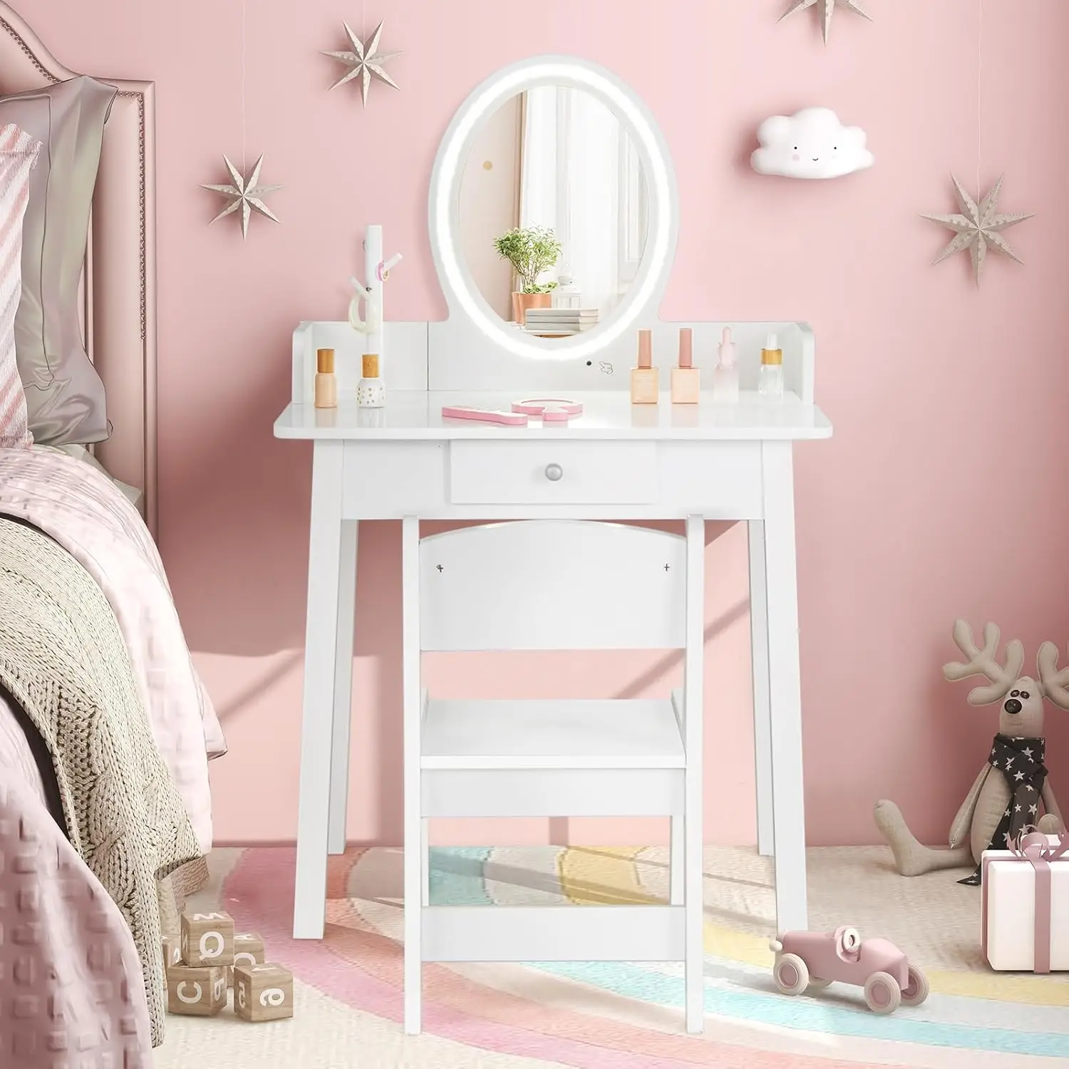 Olakids Kids Vanity Set With Lights, 2 In 1 Wooden Princess Makeup Table And Chair With Detachable Mirror, Jewelry Rack,