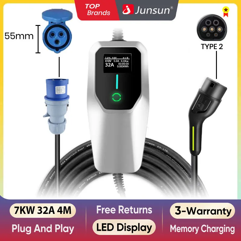 Junsun ev charger wallbox 7kw 32A 3.5KW 16A 3Phase 11KW 16A 22KW 32A Type 2 Car fast charging plug to plug chargeur for tesla