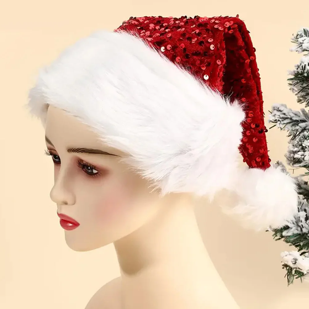 

Red Sequin Embellished Santa Hat Double Layer Sparkly Finish Warm Festive Hat for Christmas Party New Year Eve Celebration All