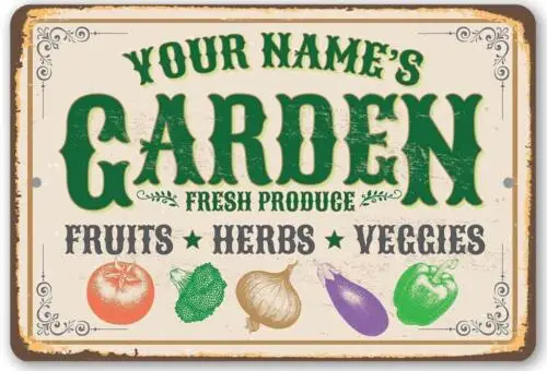 Metal Tin Sign Custom Personalize Name Garden Veggie Herb Fruit Farm Home Decor