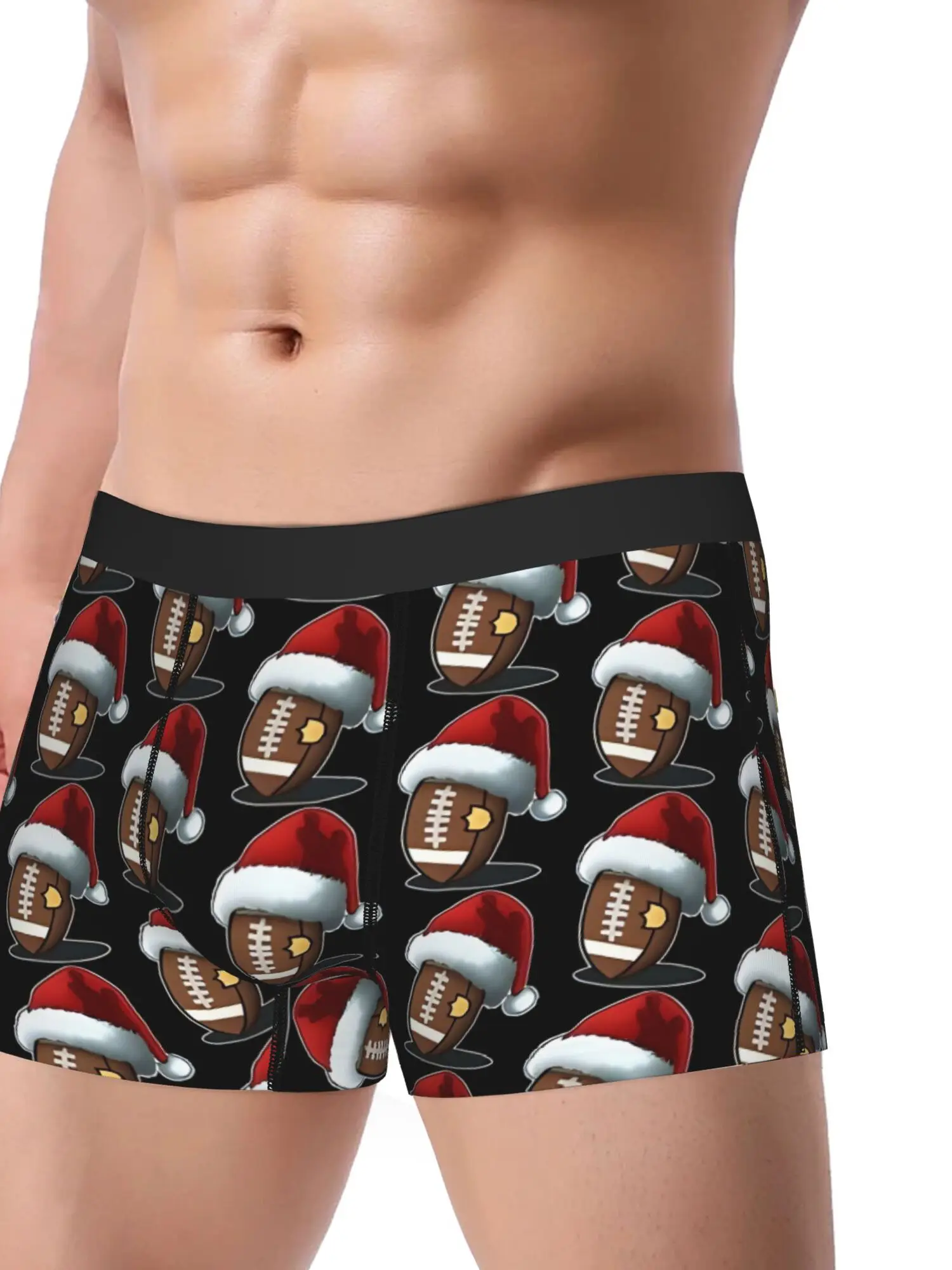 1pc Men' Christmas Boxer Briefs Underwear Shorts with Santa Claus Hat & American Football Print - Breathable Panty Shorts Suitab