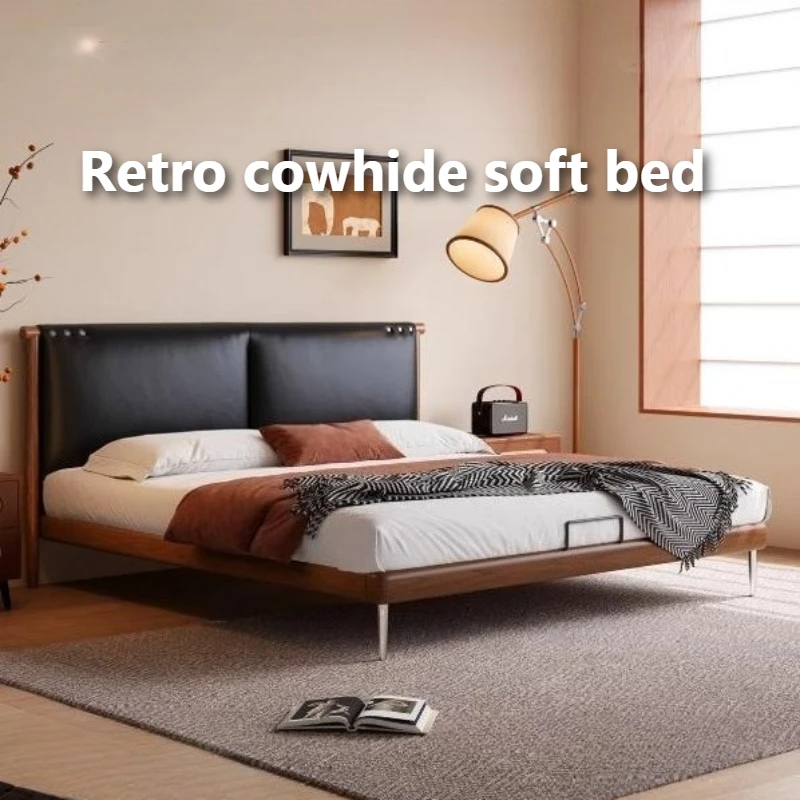 

Top-grain Leather Double Beds Modern Fashion Soft Backrest Headboard Bed 2 People Luxury Modern Frame Full Wood Room Furnitures