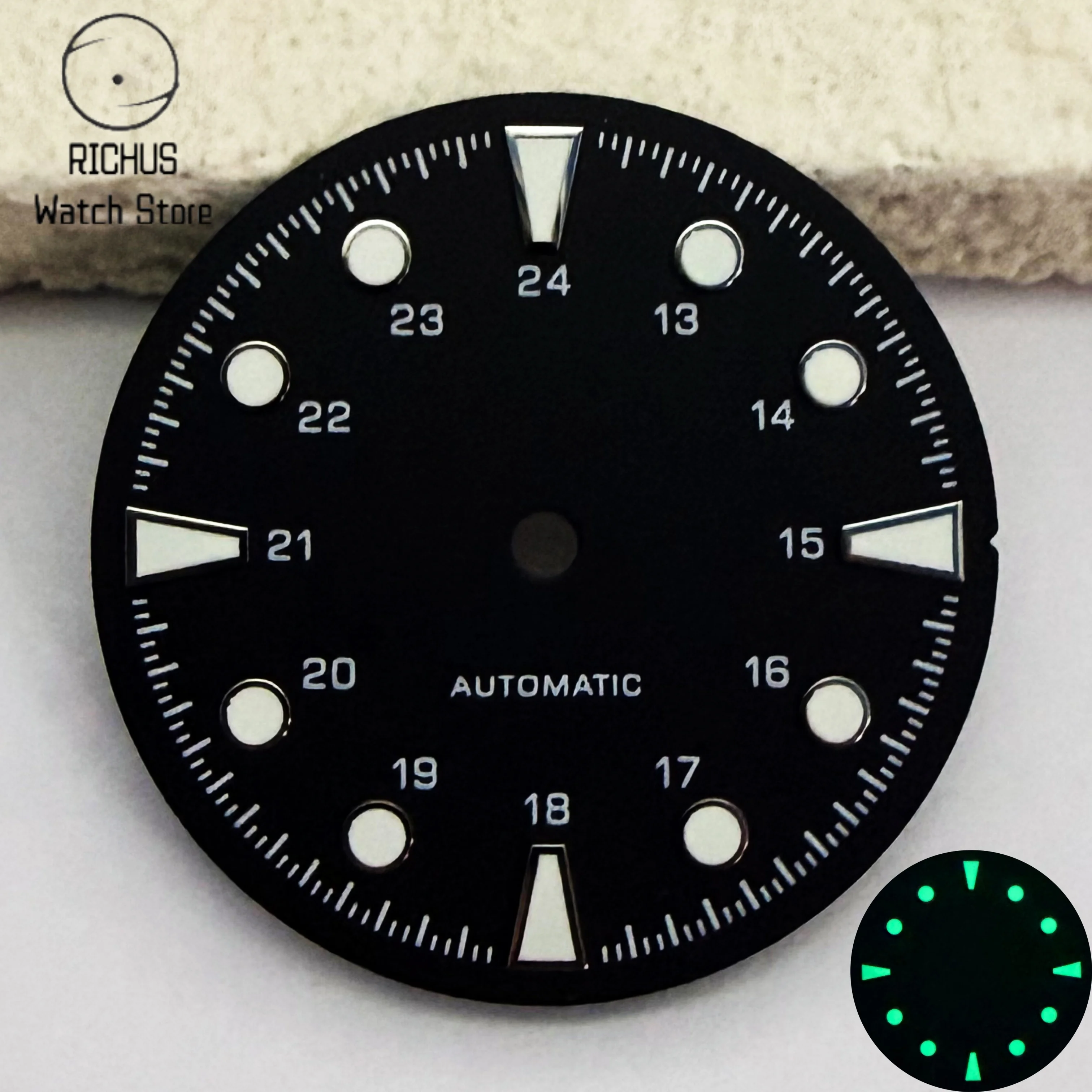 28.5mm VH31 Watch Dial Green Luminous 24 Hour Military Time No Date Fit VH31 Sweep Second Quartz Movement Watch Mod Parts