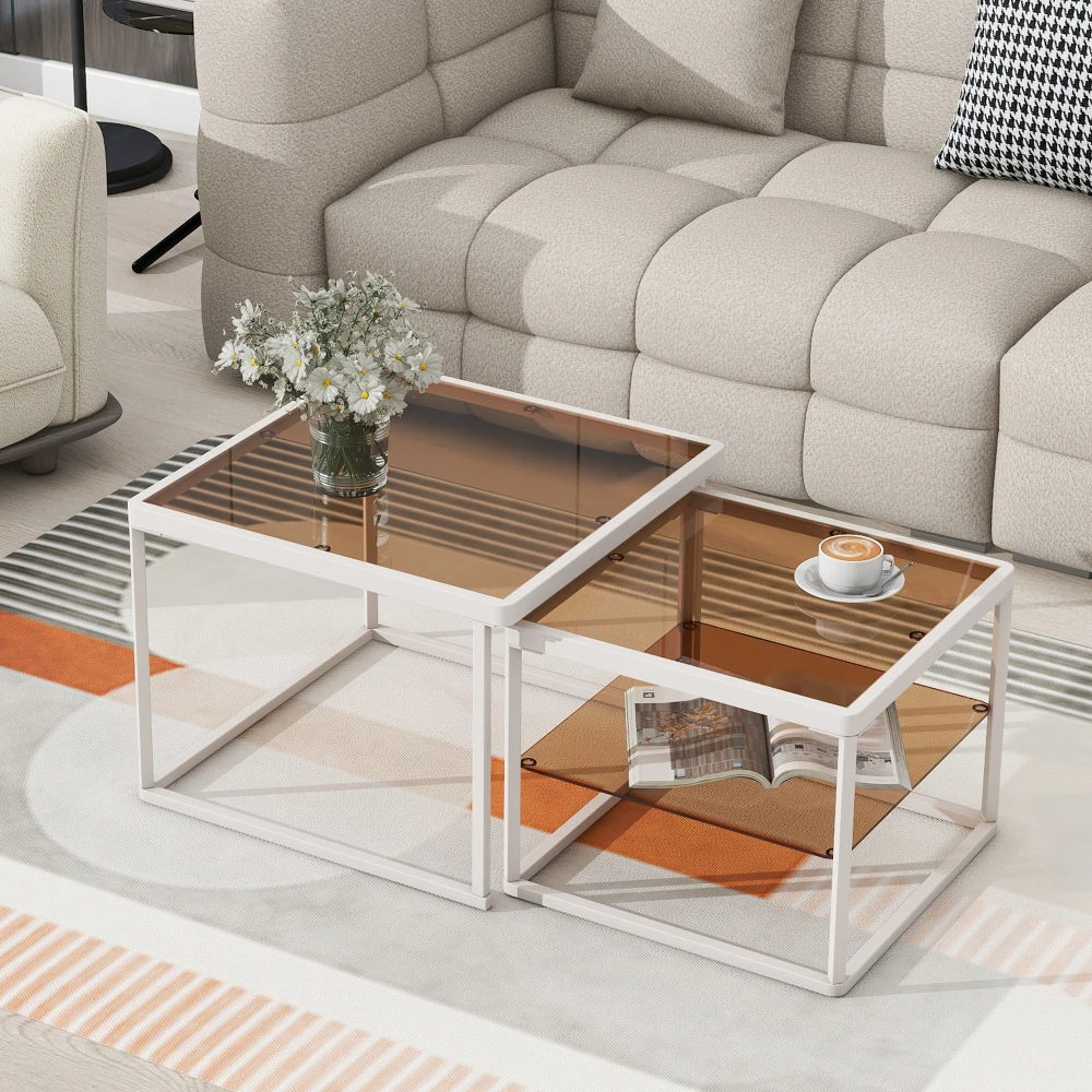 Modern nested coffee table set with a combination of high and low,Brown tempered glass cocktail table with metal frame