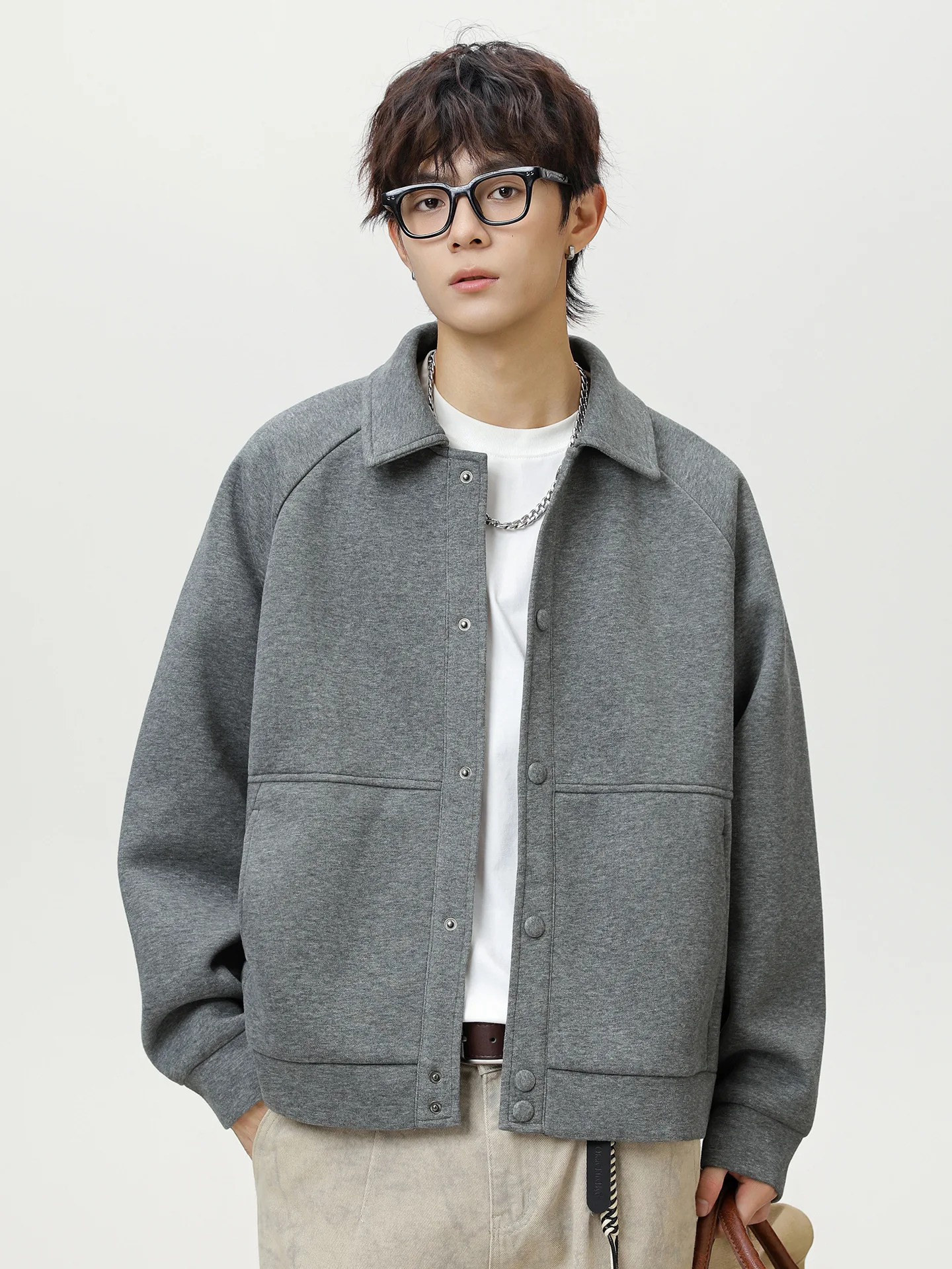 

Мужская повседневная куртка с рукавами реглан и лацканами, короткая, широкая, укороченная, однотонная, из смеси поли-хлопка, уличная рубашка в стиле ретро, осеннее пальто