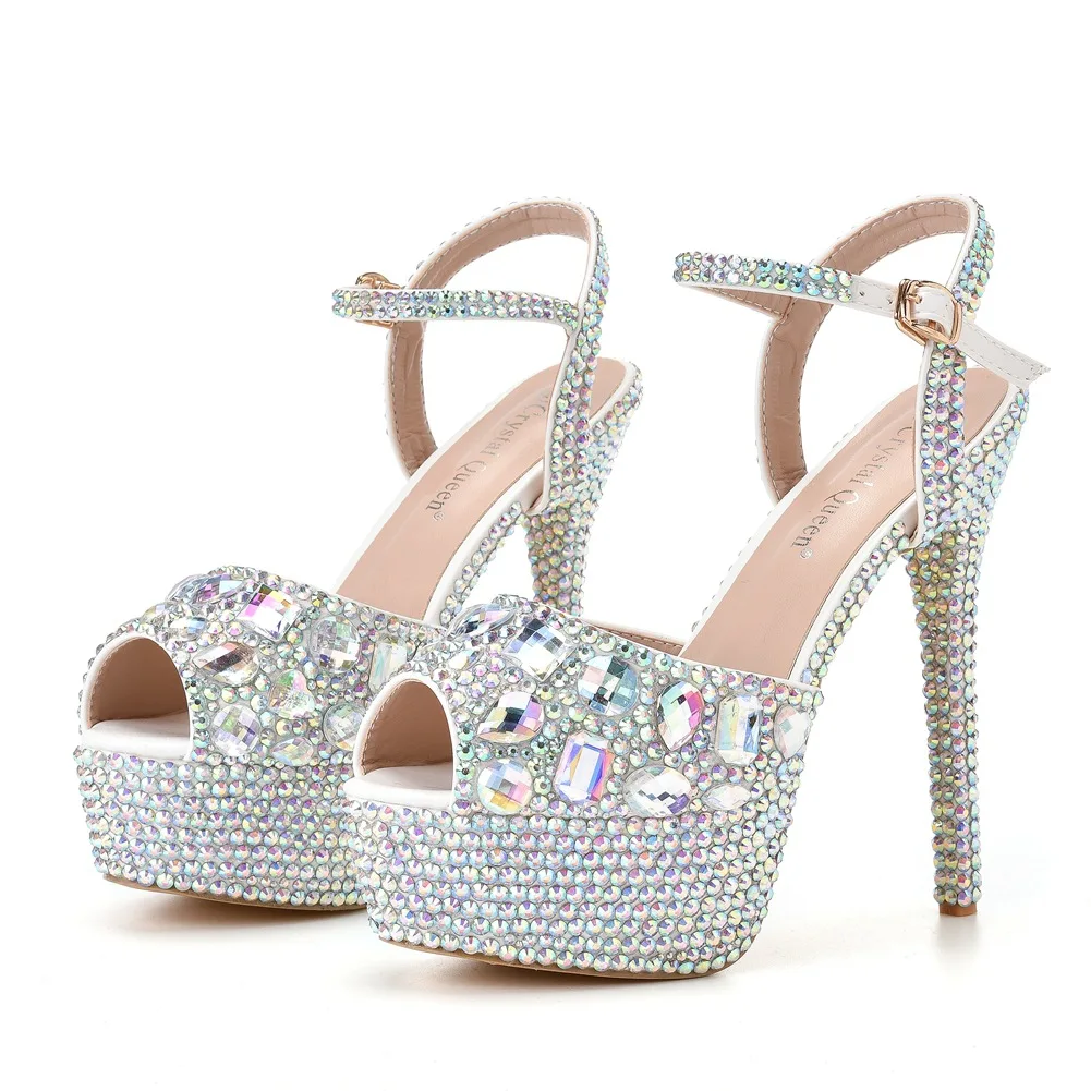 Summer new fish mouth pearl crystal waterproof table wedding shoes thin high-heeled banquet dress large size women's sandals