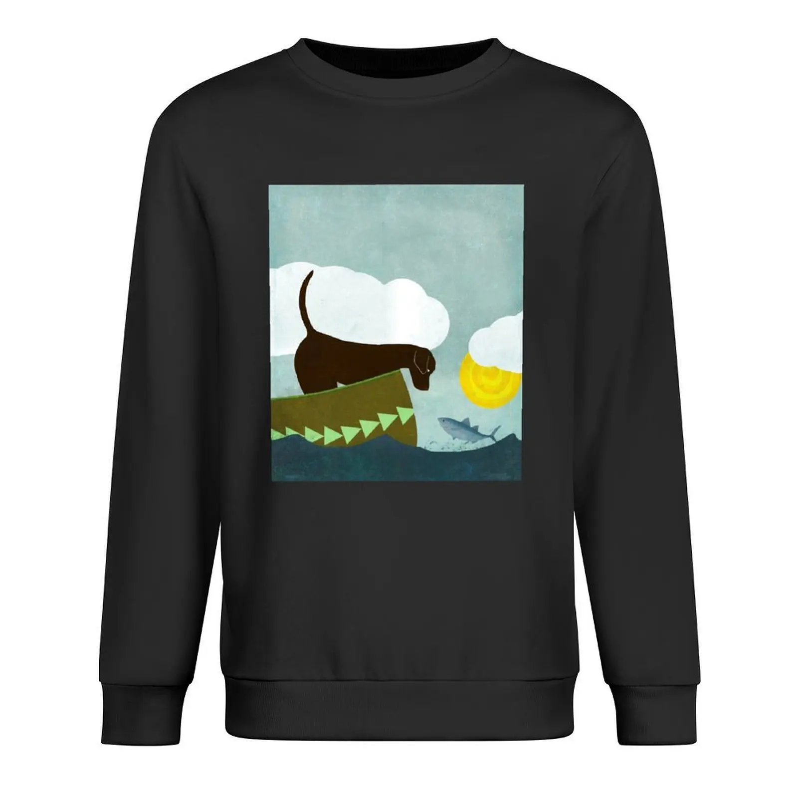 

Chocolate Labrador in a canoe meeting a fish Pullover autumn tracksuits men clothes men's autumn clothes sweatshirt