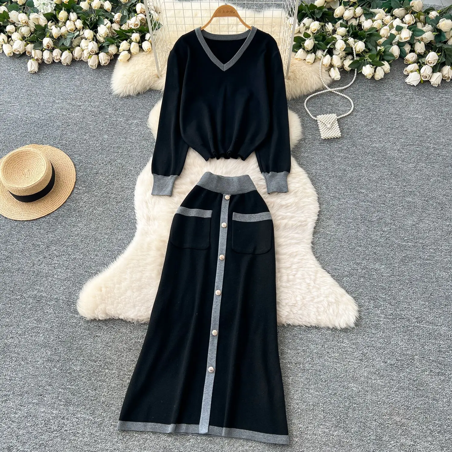 تنورة مجموعة النساء قطعتين مجموعات الخامس الرقبة كم كامل متماسكة القمم التنانير الطويلة مرونة الخصر Y2k الشارع الشهير العمل سليم صالح الخريف الشتاء #4