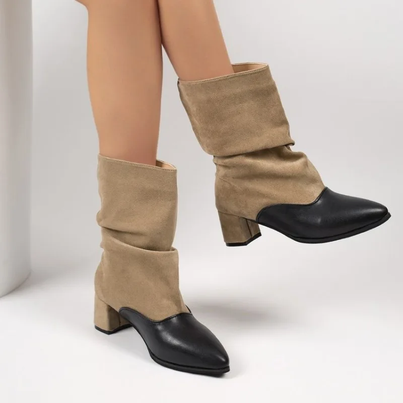 women's small thick heel round head retro pleated pile boots versatile commuter western boots