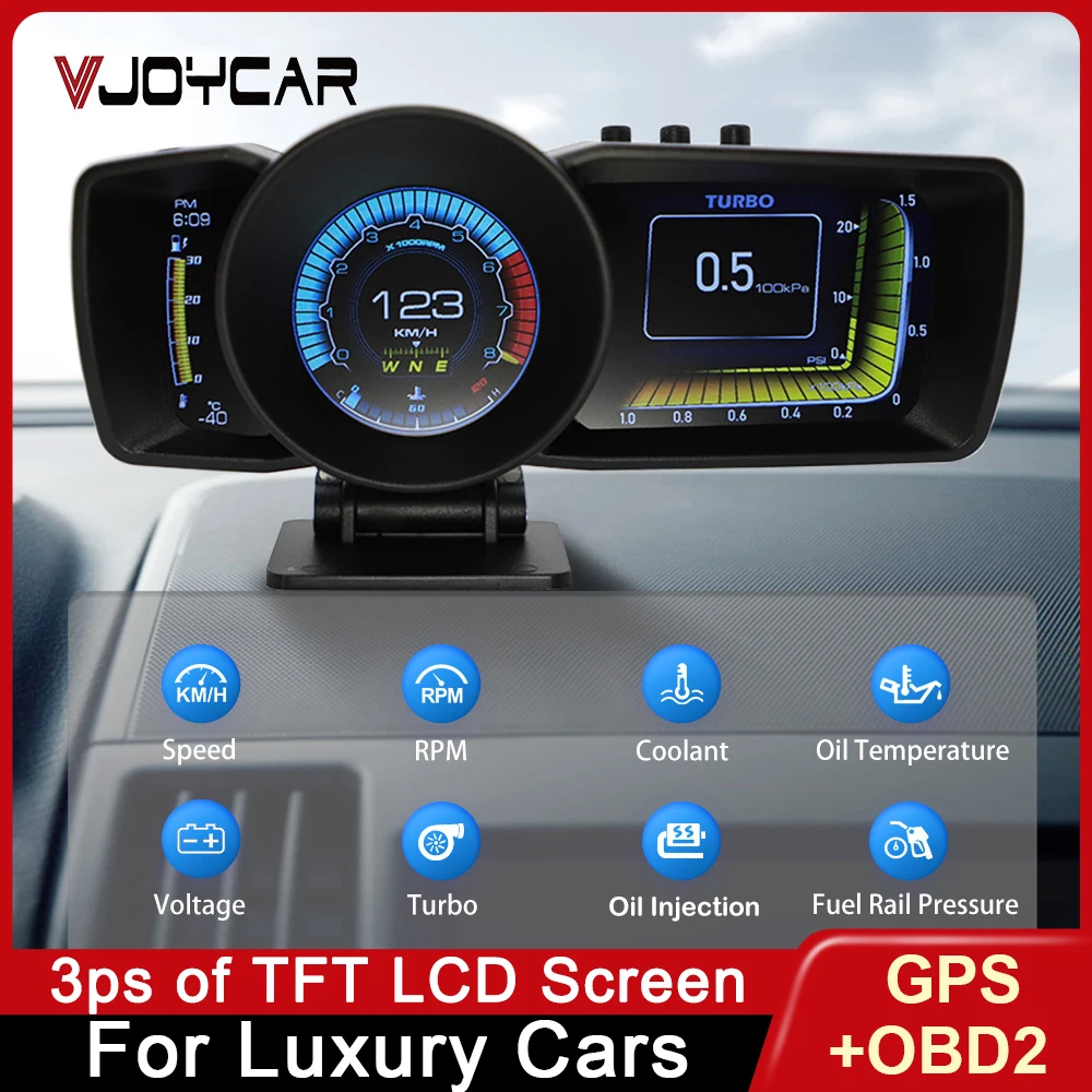 Vjoycar OBD2 Guage GPS kilometre HUD otomatik On-kart bilgisayar üç ekran çoklu dil Dashbord güvenlik araba alarmı aksesuar