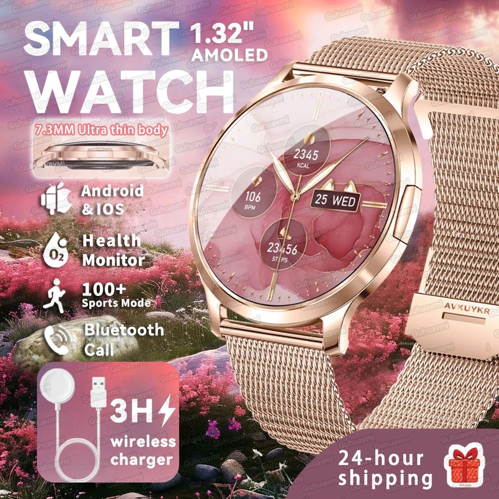 2025New 7.3MM Ultra Slim HD AMOLED Smart Watch Women Screen Always Display Time Heart Rate BT Calling High-end Fashion Smartwatc
