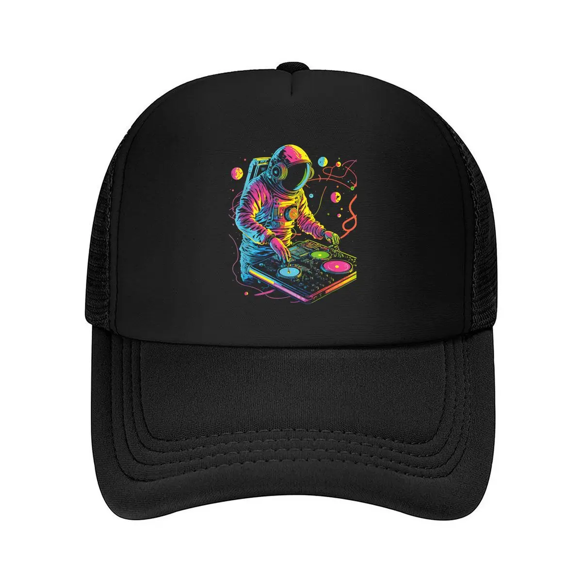 “DJ Astronaut” - Cosmic Art, Colorful Space Explorer Mixing Music for Festival Fans Mesh Baseball Cap
