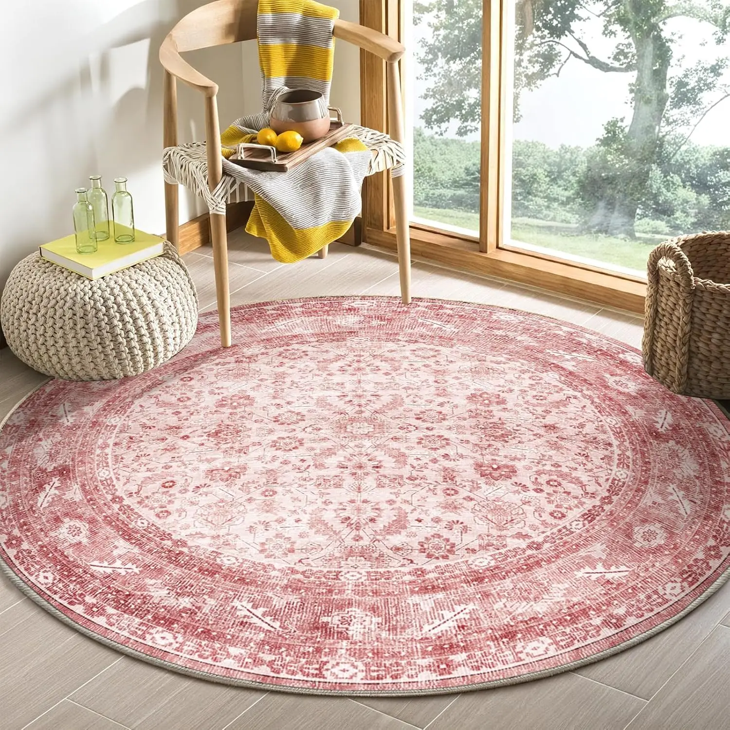 Round Retro Pattern Elegant Soft Durable Carpet Home Living Room Decoration Pink White Nordic Anti Slip Carpet Living Room Rug