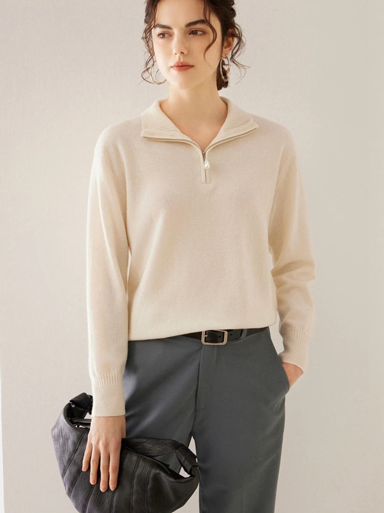 Suéter de cachemira con cremallera para mujer, jersey con cuello levantado, prendas de punto de Cachemira, camisa informal de estilo suelto, otoño e invierno, 2024, novedad de 100%