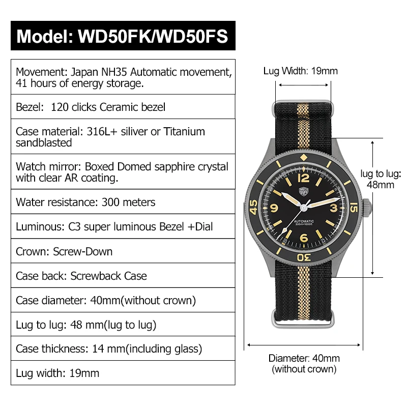 Watchdives 50-Fathoms ساعة ميكانيكية NH35 حركة 40 مللي متر ساعات عتيقة C3 سوبر مضيئة فقاعة الياقوت كريستال ساعة اليد