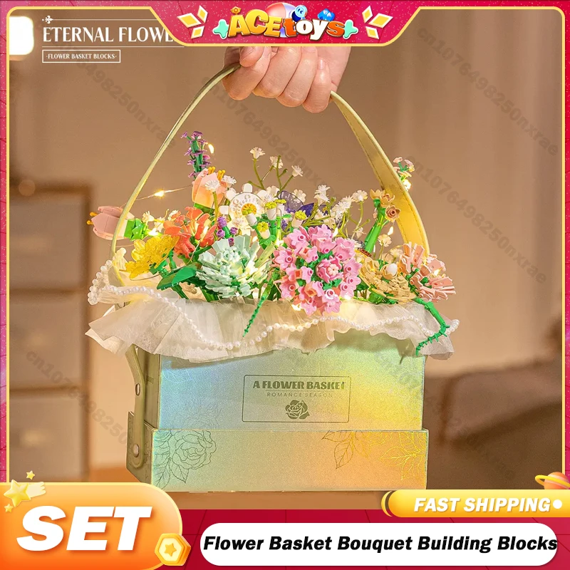 Flower Basket Bouquet Building Blocks Assembly Gift Box Creative Puzzle Bricks Light Portable Valentine Day Girlfriend Kid Toy