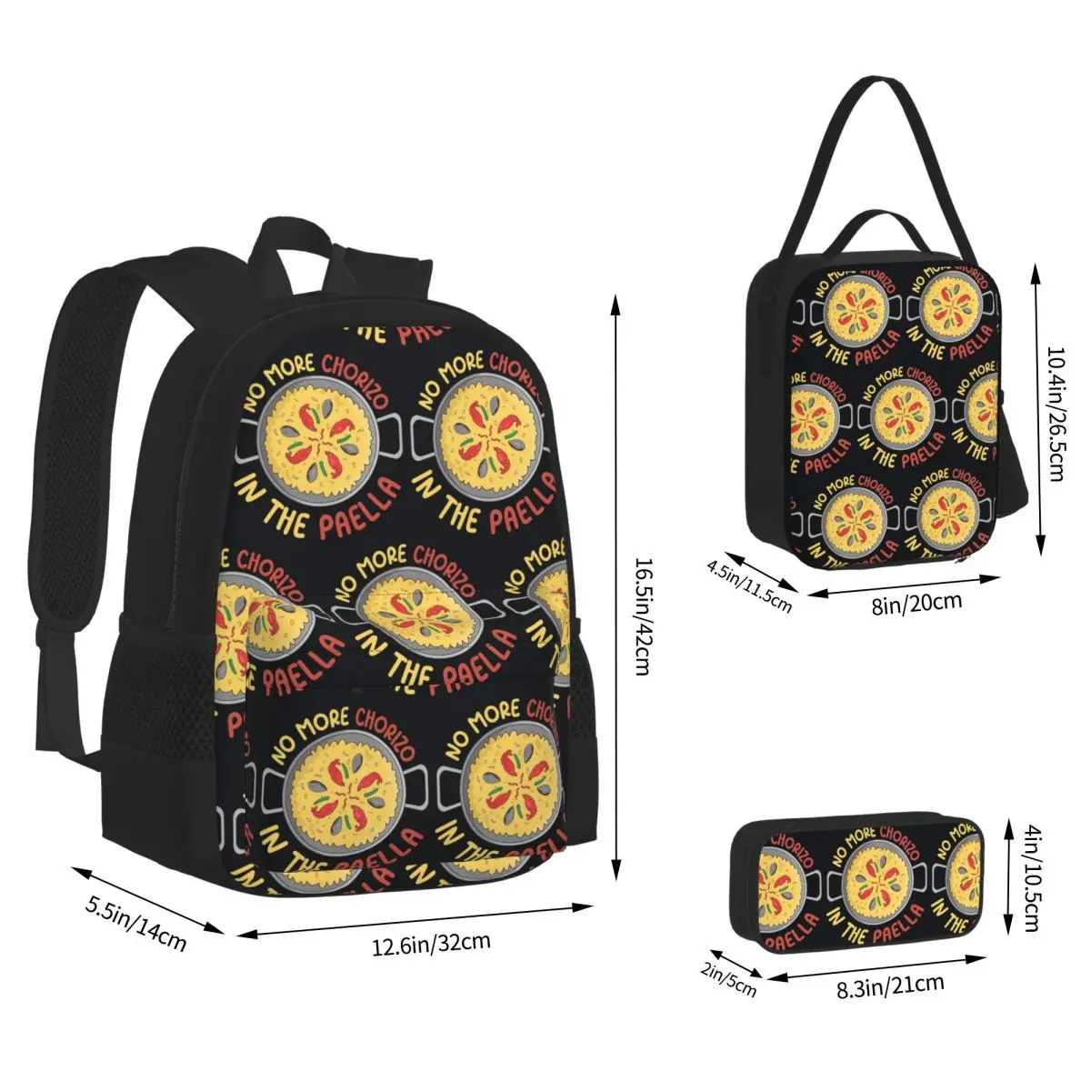 No More Chorizo In The Paella Backpacks Kids Bookbag School Bags Rucksack Lunch Bag Pen Bag Three-Piece Set