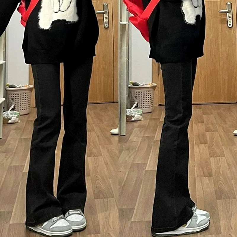 High Waist Flared Jeans Women's Autumn Winter New Style Fleece Lined Slimming for Pear Shaped Body Black Wide Leg Pants