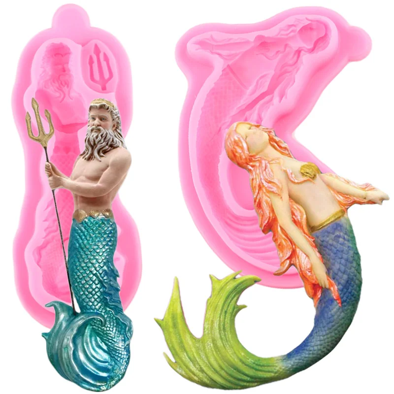 Mujiang 3D Mermaid Silicone Molds Neptune Fondant Mold Cake Decorating Tools Chocolate Candy Resin Mould Soap Polymer Clay Mould