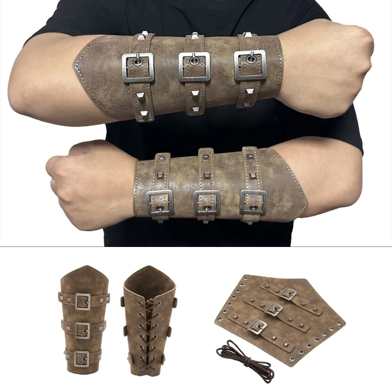 Medieval Gothic Wrist Bracers with Rivet Decor Punk Knight Pirate Knights PU Lace-Up Wristband