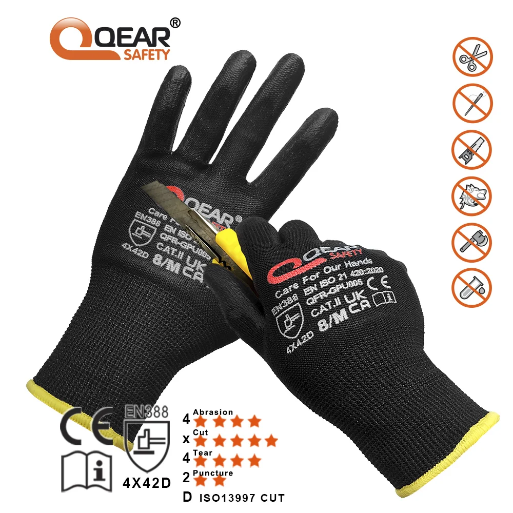 Black Cut Level D Protect General Work Safety Gloves, Thin PU Palm And Fingertips Coated, Dexterity, Grip, Breathable