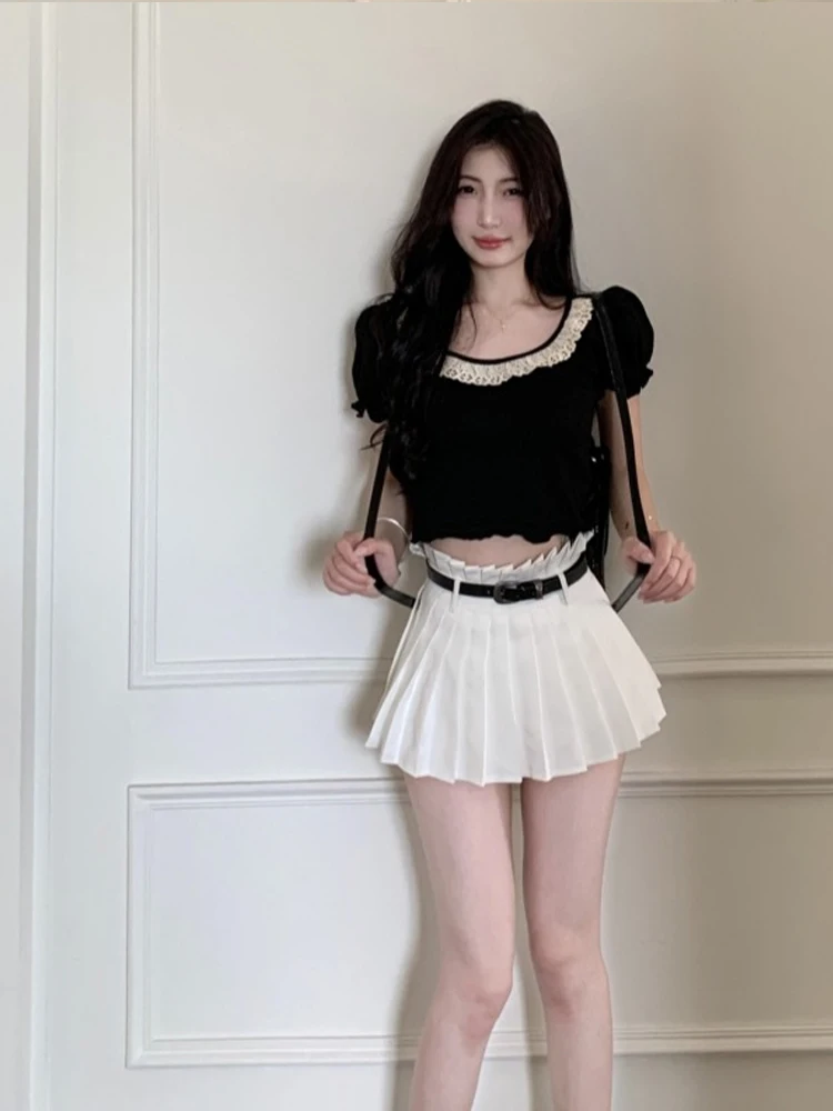 

Summer ort Sve T-irt Women's Gentle Wind Square Collar Petal Sve ort Sle Versatile Top Korean Version Slim Fit