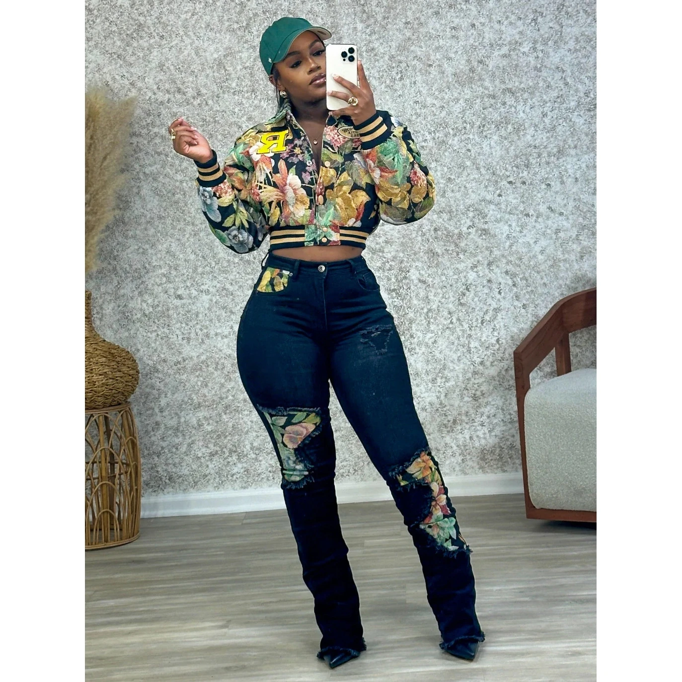 

Spring 2025 New Flower Pattern Women's Long Sve Square Collar ort Jaet Coat Sli Casual Loose Fit Outerwear