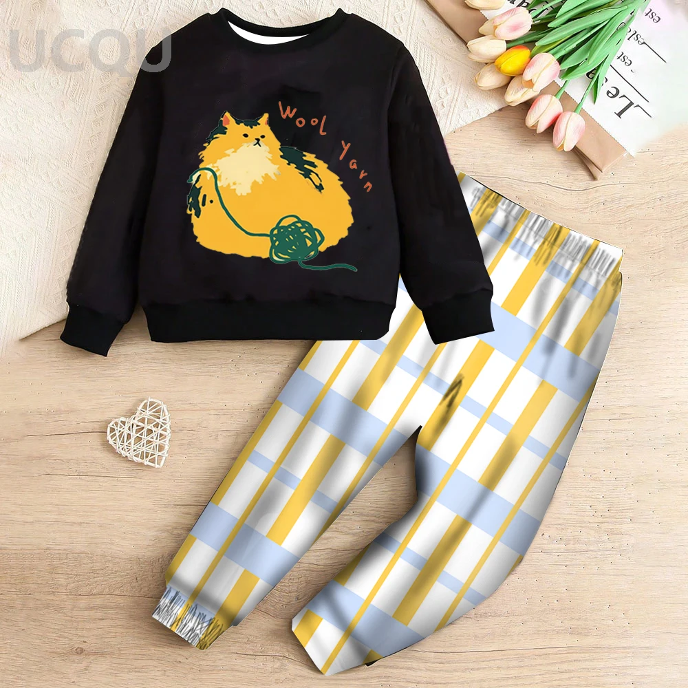 طقم سويت شيرت برقبة دائرية مقاسات متعددة 2D كارتون قطة غزل صوف طباعة نسيج بوليستر مريح للترفيه المنزلي #2