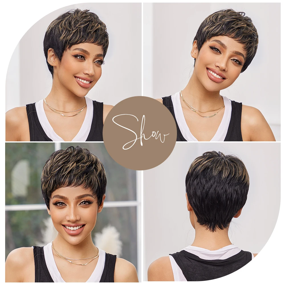 Brown Blonde Highlight Human Hair for Black Women Afro Brazilian Remy Human Hair Short Straight Pixie Cut Wigs Machine Made Hair