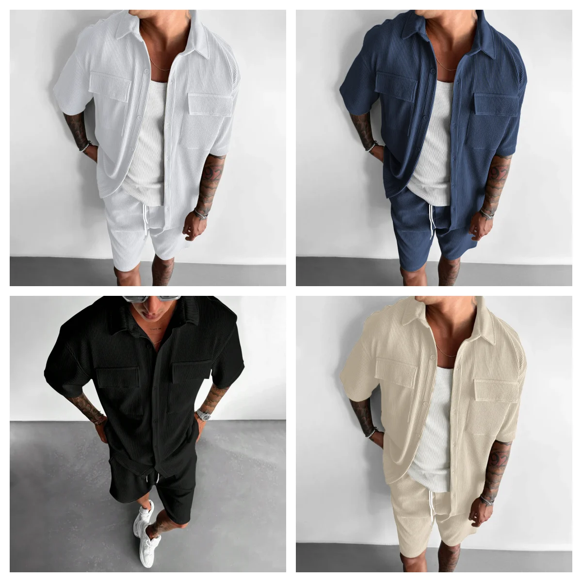 

2025 European and American new summer waffle solid color lapel button design short sleeved suit shorts two sets