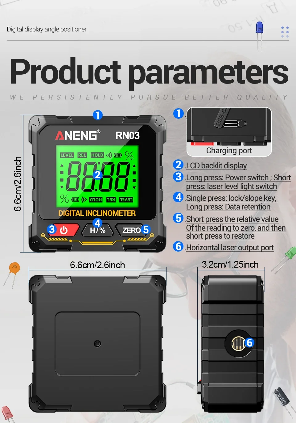 ANENG RN02/RN03 Digitaler Neigungsmesser 0,05 ° 4-seitiger magnetischer, hintergrundbeleuchteter LCD-Winkelmesser mit automatischer Flip-Funktion, Datenspeicherung, Kalibrierung und wiederaufladbarer Funktion – Detail 7
