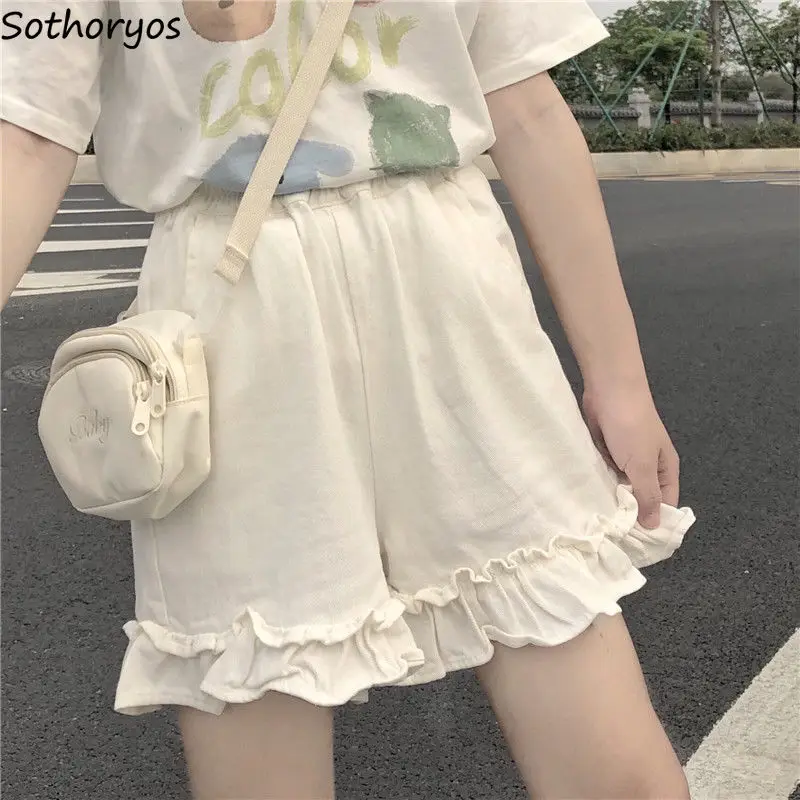 Solid Shorts for Women Kawaii Ruffles Summer Schoolgirls Loose Elastic Waist Japanese Style Leisure College All-match Ulzzang