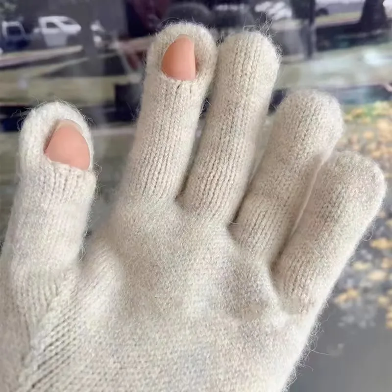 قفازات الخريف والشتاء المحبوكة الدافئة للنساء مع أصابع متسرب شاشة تعمل باللمس قابلة للغسل سميكة قفازات مقاومة للحرارة والباردة