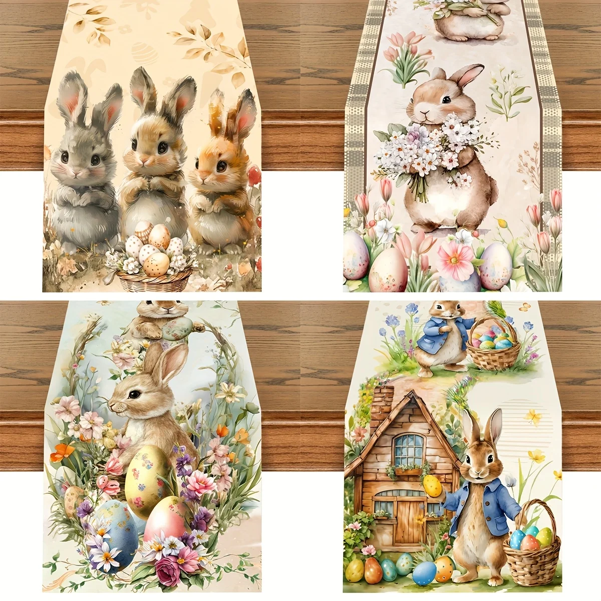 1pc Vintage Easter Table Runner with Bunny Rabbit Eggs Floral Design 33X183CM Polyester Farmhouse Style Easter Table Flag Decor