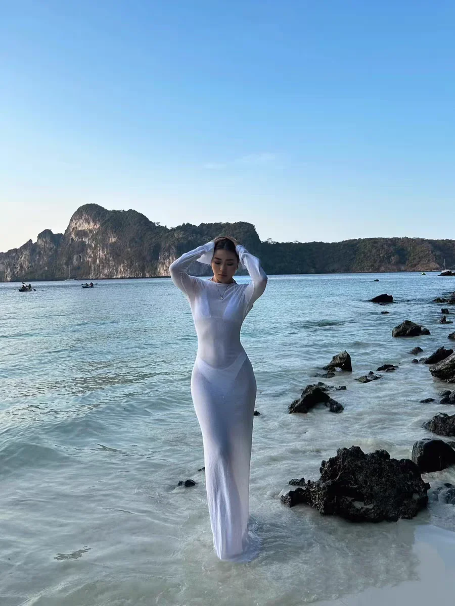 Robe longue transparente à manches longues pour femmes, vêtements de plage, Sarelle, dos bas