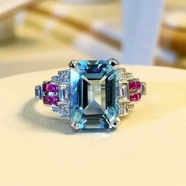 Hot Sale S925 Sterling Silver Ring Set Featuring Aquamarine and Red Corundum Stylish Popular Jewelry for Daily Wear and Gifting