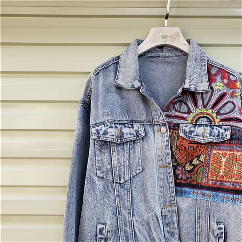 Bohemia Embroidery Splicing Big Pocket Denim Jacket Women Loose Short Cowboy Outerwear Streetwear Patchwork Jeans Jacket Female