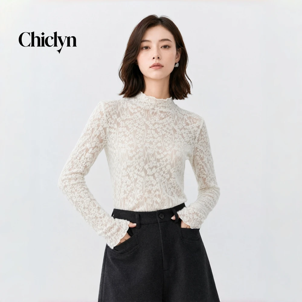 Lace Hollow out Semi-Transparent High Collar Long Sleeve Women's T-Shirt Autumn Fashion Slim Fit Stylish Sexy Base Shirt Women's