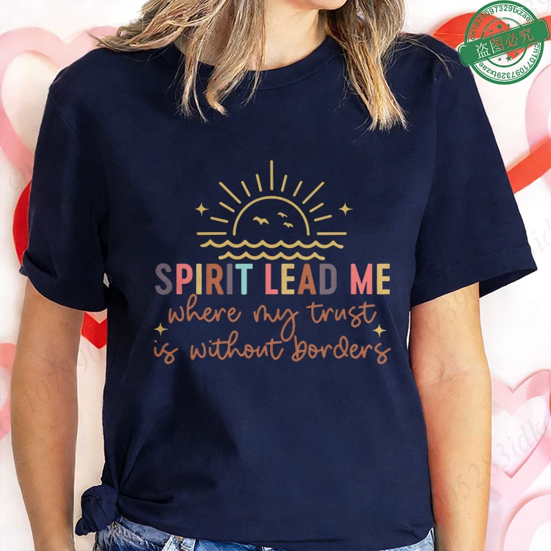 Spirit Lead Me Where My Trust Is Without Borders T-Shirt for Women Mountain Sunrise Graphic Tee Faith Short Sleeve O Neck Tops
