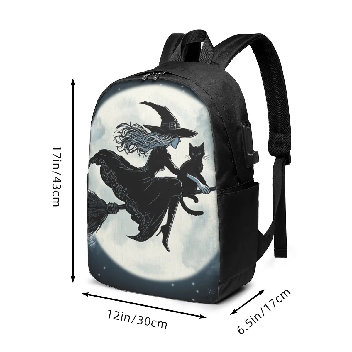 Witch And Cat Fly On Sky Backpack Travel Notebook Bag Computer College Student School Bag Laptop Shoulder Bags for Men Women