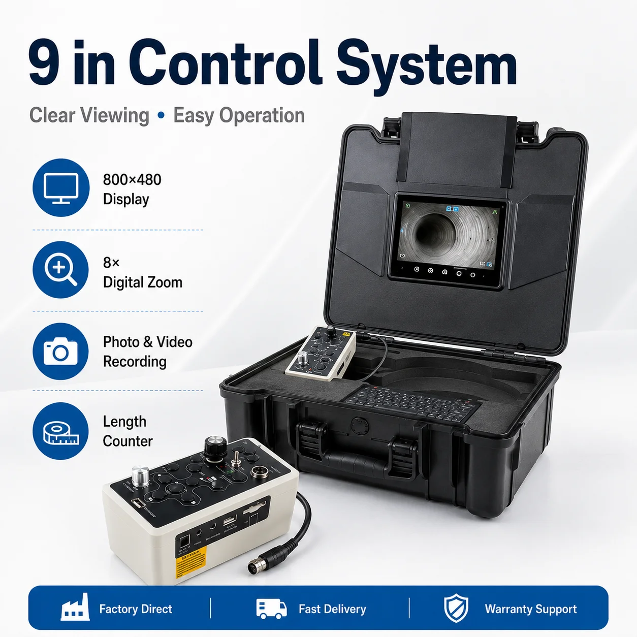 MYT WOPSON Waterproof Pipe Inspection Camera 9 Inch Display 8x Zoom SD Storage Pan Tilt Camera Head For Sewer Duct Inspection