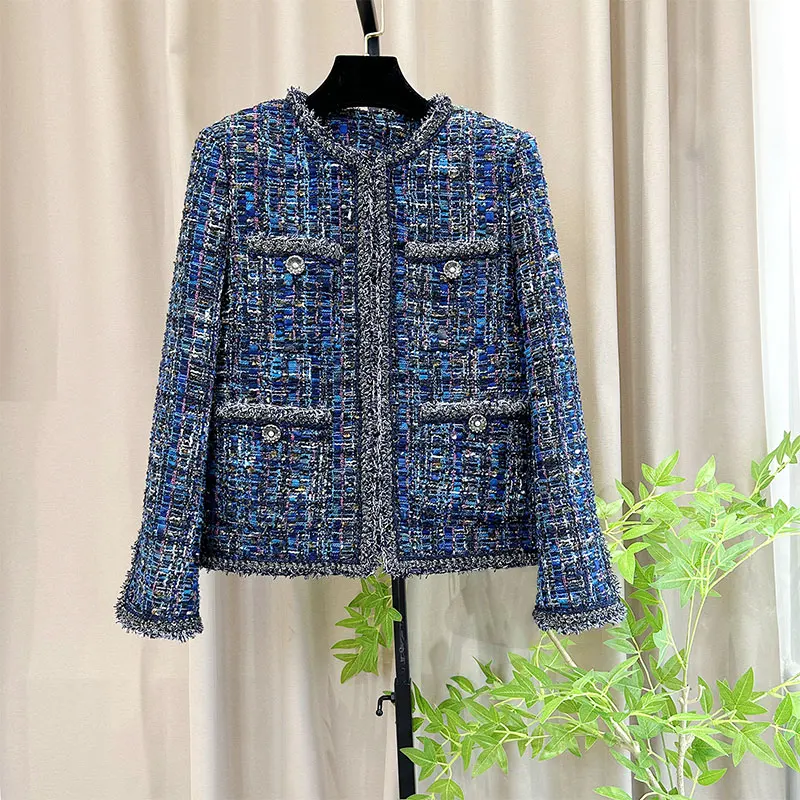 

2025 новая мода с круглым вырезом, легкая роскошная знаменитость, высококачественный темпераментный дизайн, повседневная твидовая куртка