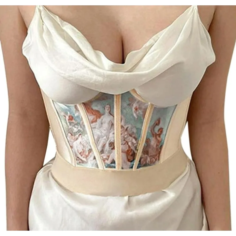 New Women Push Up Corset Satin Oil Painting Print Overbust Waist Bonded Bustier Strapless Cincher Tube Top Vintage Corset